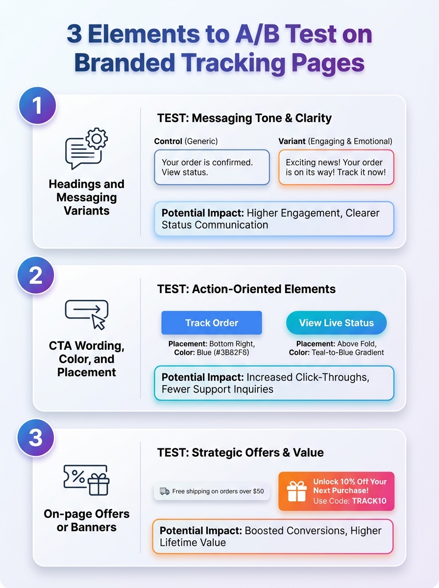 Infographic showing three elements to A/B test on branded tracking pages (headlines, CTAs, layout)