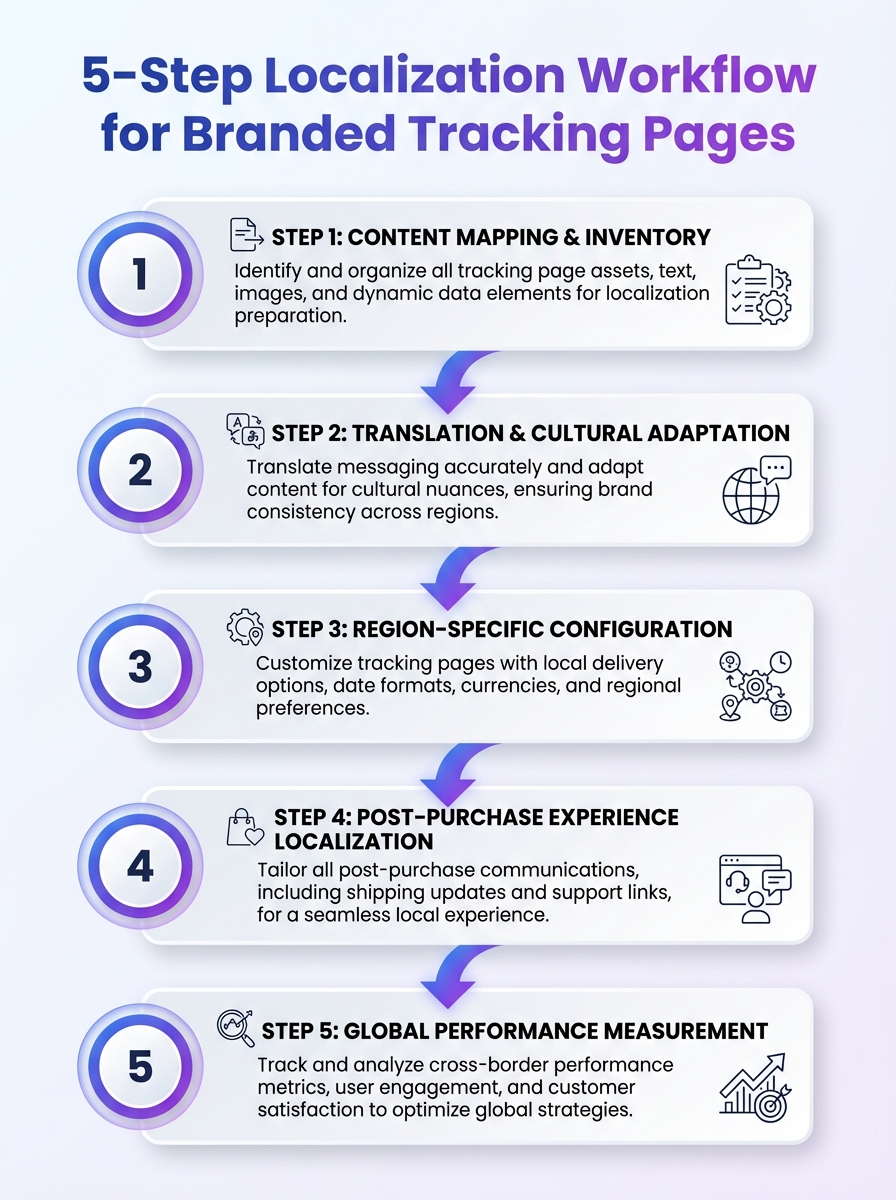 Infographic: 5-step localization workflow for branded tracking pages targeting global audiences.