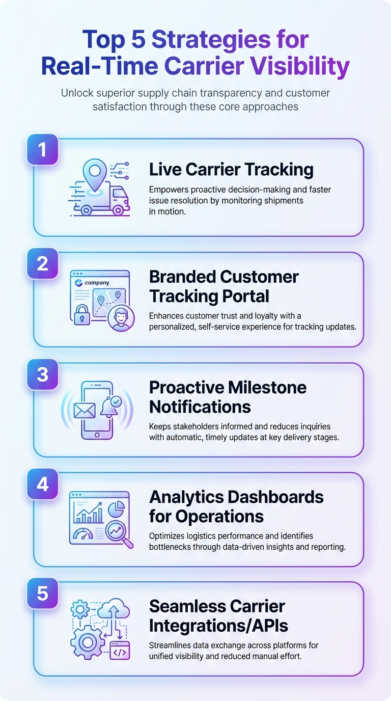 Top 5 strategies for real-time carrier visibility: live tracking, data integration, alerts, analytics, dashboards.